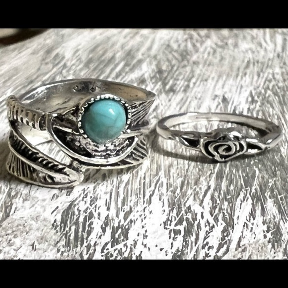 Stainless Steel Boho Feather Turquoise Ring size 5 3/4 + free rose ring lot